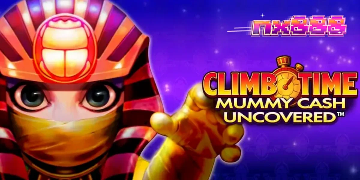 Tampilan visual slot Climb Time Mummy Cash Uncovered dengan nuansa Mesir malam hari